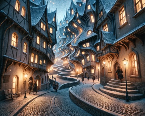 Whimsical Frosty Town Scene with Surreal Architecture