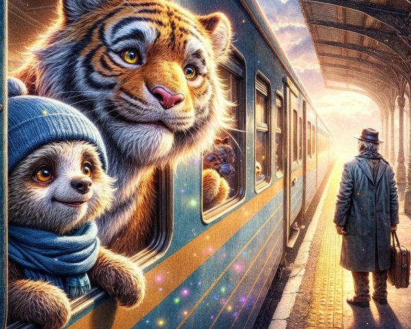 Tiger and Sloth in Colorful Train Station Scene
