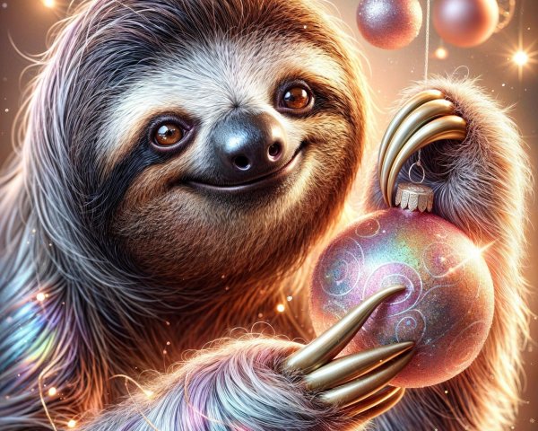 Playful Sloth with Ornament in Festive Setting