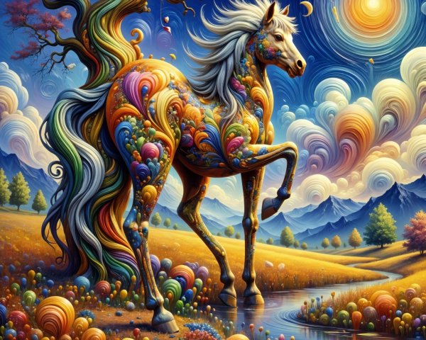 Majestic Horse in Colorful Dreamy Landscape Scene