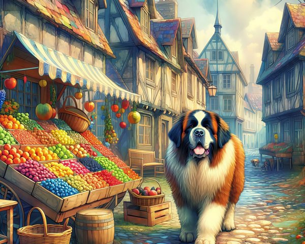 Vibrant Oil Painting of St. Bernard on Cobblestone Street