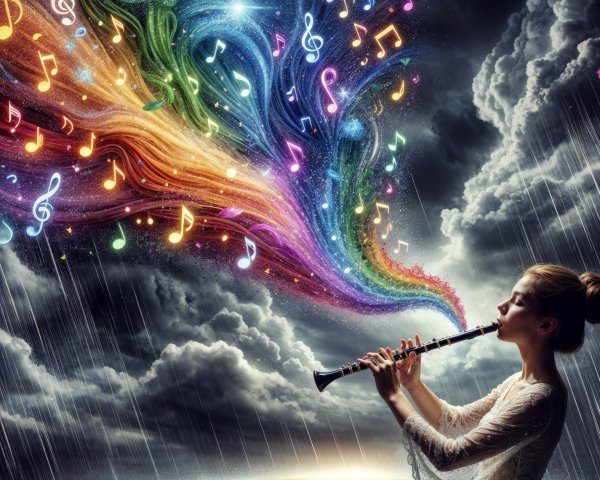 Woman with clarinet in vibrant, dramatic landscape