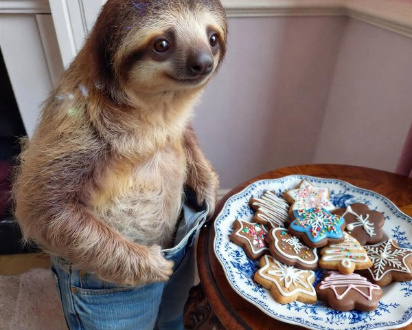 Young Two-Toed Sloth in Jeans Next to Wooden Table
