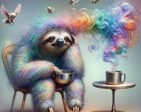 Whimsical sloth with colorful fur and playful birds