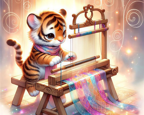 Detailed Digital Painting of Baby Tiger Weaving Fabric