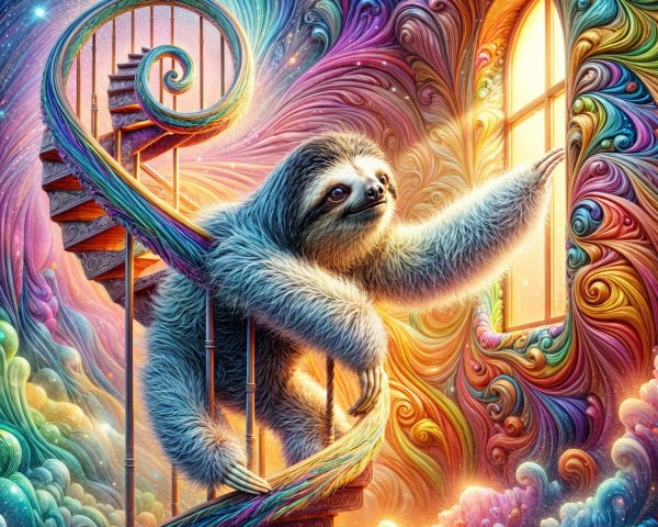 Sloth Climbing Colorful Spiral Staircase in Dreamscape