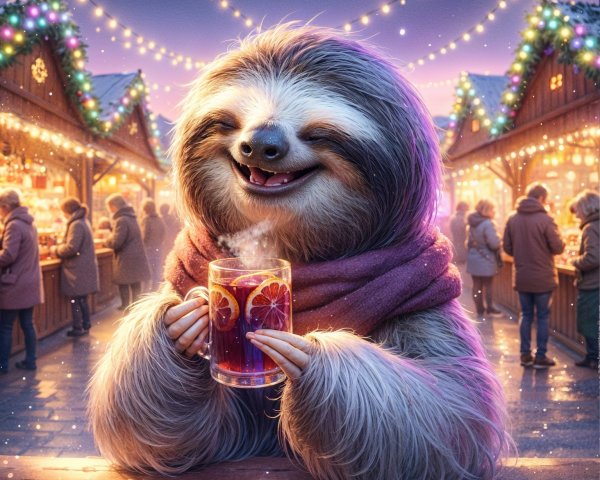 Cheerful sloth in scarf at festive holiday market