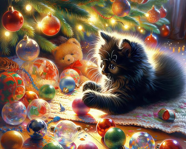 Detailed Christmas Scene with Kitten and Decorations