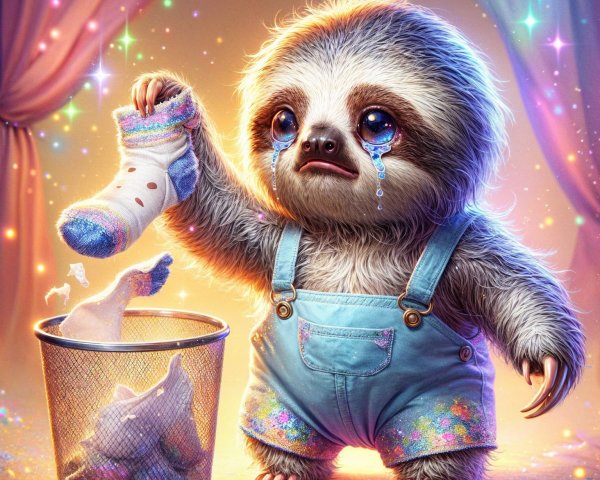 Sloth in Denim Overalls with Colorful Sock and Tears