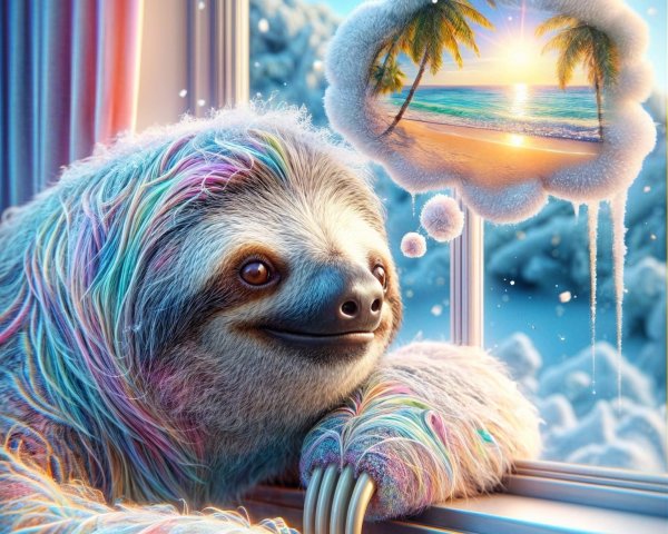 Colorful Sloth by Frosty Window with Dreamy Expression