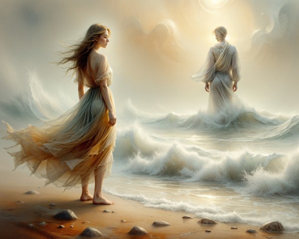 Serene Seascape with Woman in Ethereal Dress