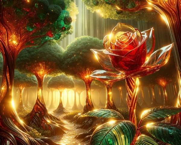 Enchanted Forest with Shimmering Trees and Radiant Rose