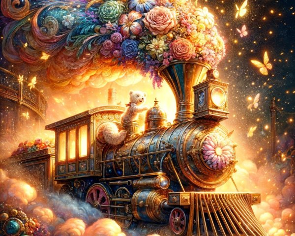 Whimsical Steam Train Surrounded by Colorful Elements
