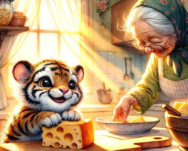 Cozy kitchen scene with baby tiger and elderly woman