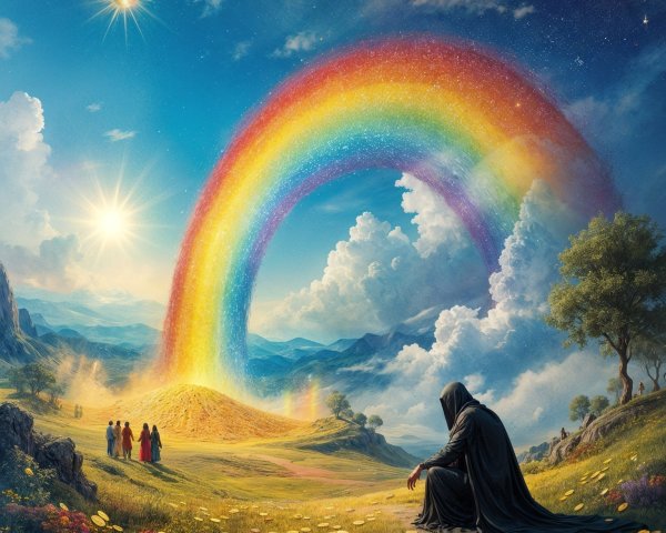 Serene Figure in Cloak Amidst Vibrant Rainbow Landscape