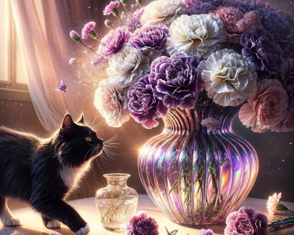 Black Cat and Iridescent Vase with Flowers Scene