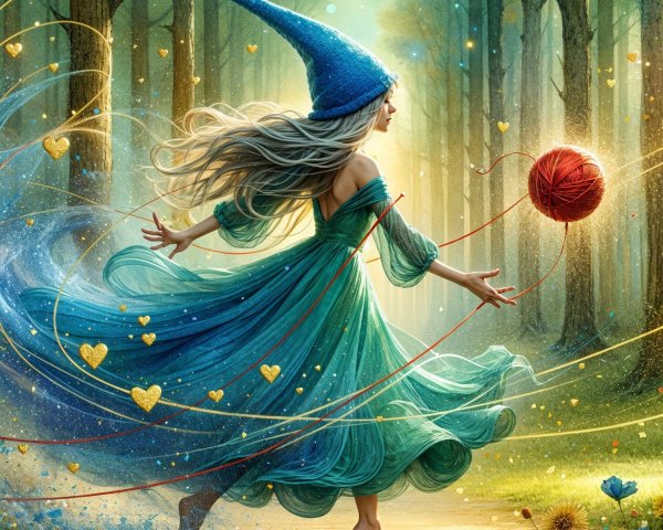 Whimsical figure in a magical forest with yarn ball