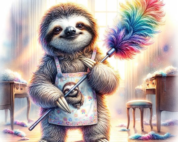 Cute sloth with feather duster in cheerful room