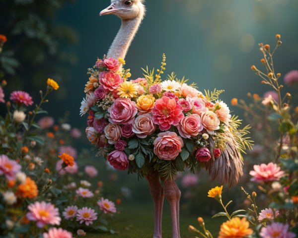 Ostrich in a Colorful Flower Garden Setting