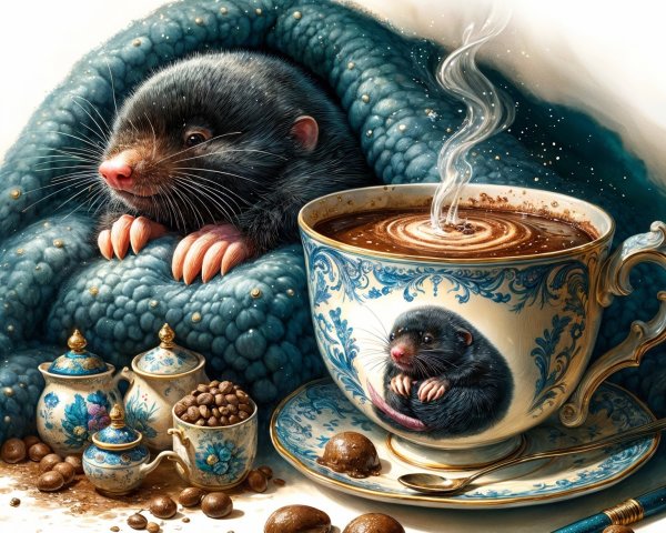 Cozy scene with moles, tea, and chocolate treats