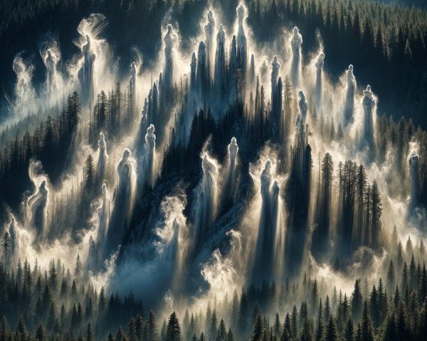 Mystical Landscape with Towering Rock Formations and Mist