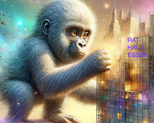 Fluffy Gorilla Cub Reaching Toward Futuristic Cityscape