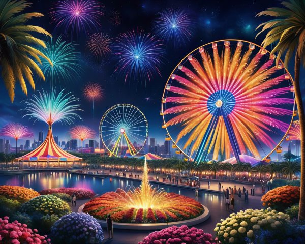 Ornate Nighttime Carnival with Ferris Wheels and Fireworks