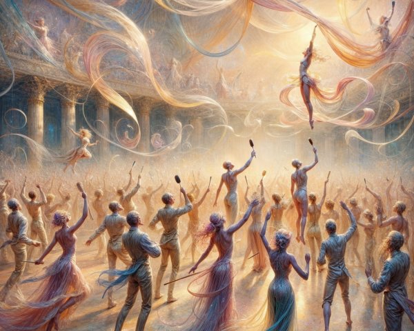 Elegant Dance Scene in a Grand Hall with Colorful Ribbons