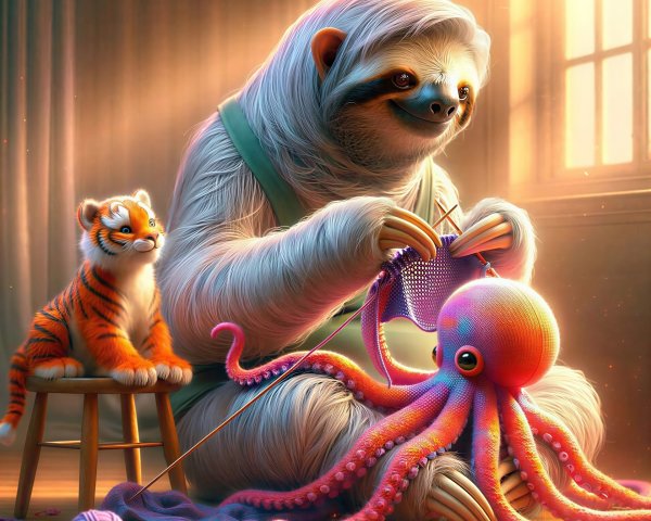 Surreal Fantasy Scene with Sloth Knitting an Octopus