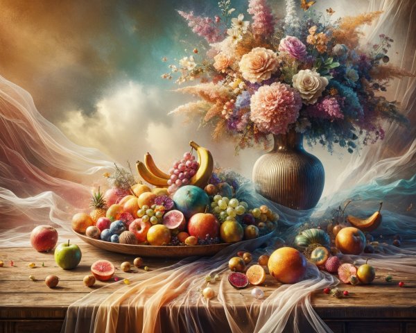 Vibrant Still Life of Colorful Fruits and Flowers