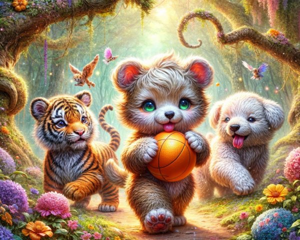 Bear Cub, Tiger, and Puppy in Enchanted Forest