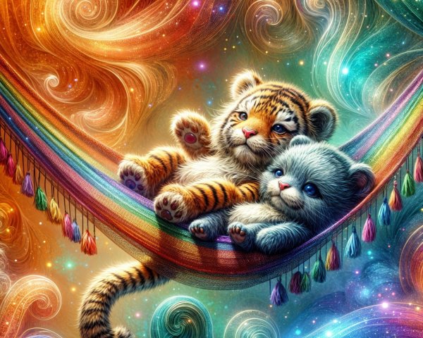 Cubs Relaxing in a Rainbow Hammock with Stars
