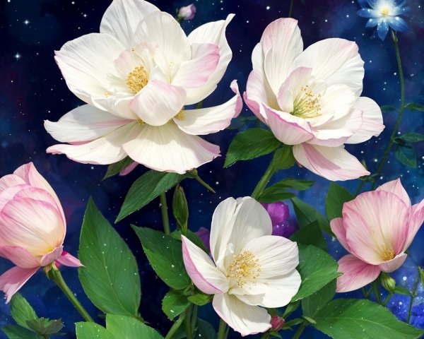 Delicate flowers with white and pink petals in space