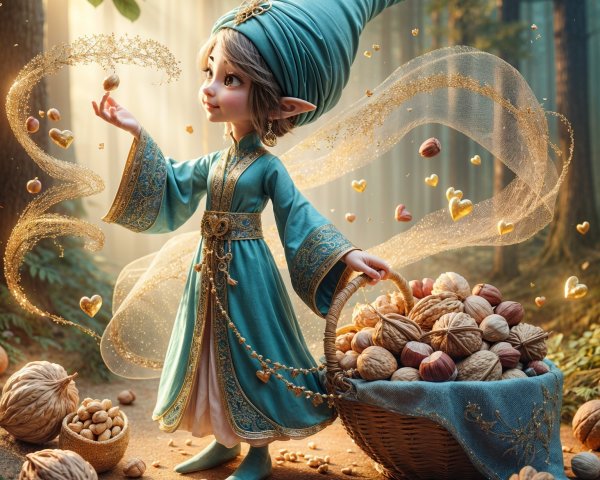 Enchanted Elf in Sunlit Forest Gathering Nuts