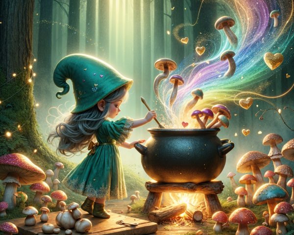 Magical forest scene with a girl and cauldron