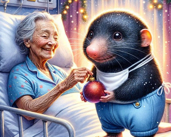 Elderly Woman and Mole in Festive Hospital Room