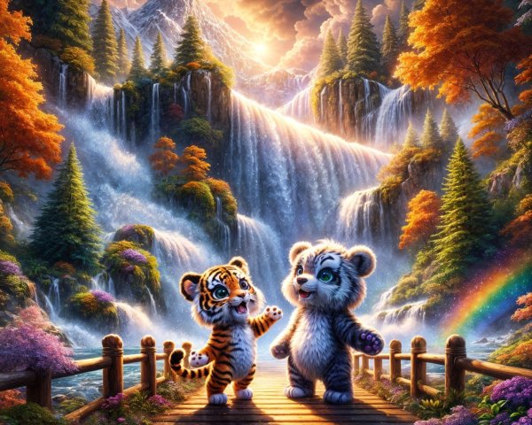 Cartoon Tiger Cub and Panda at Enchanted Waterfall