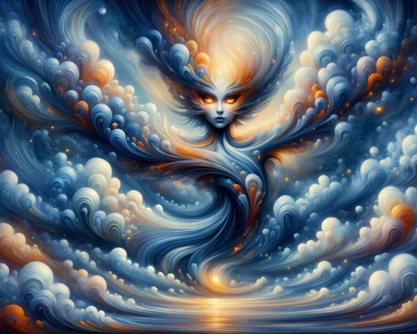 Fantastical Figure in Swirling Clouds at Twilight