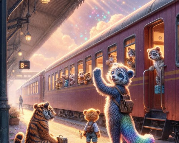 Whimsical Train Station Scene with Colorful Creatures