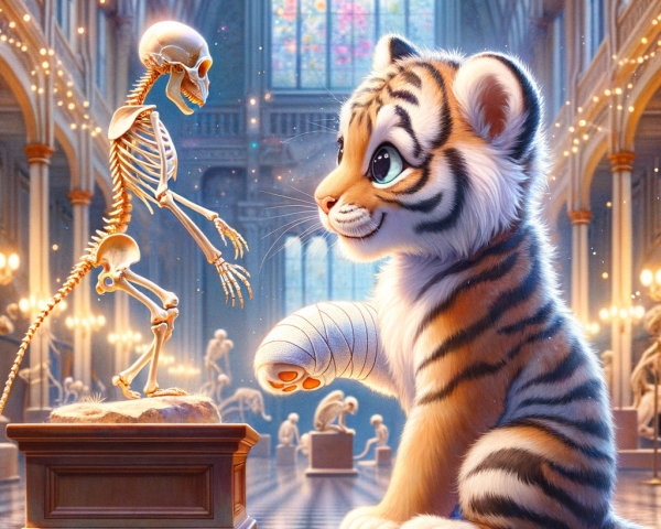Young Tiger Observing Skeleton in Illuminated Museum