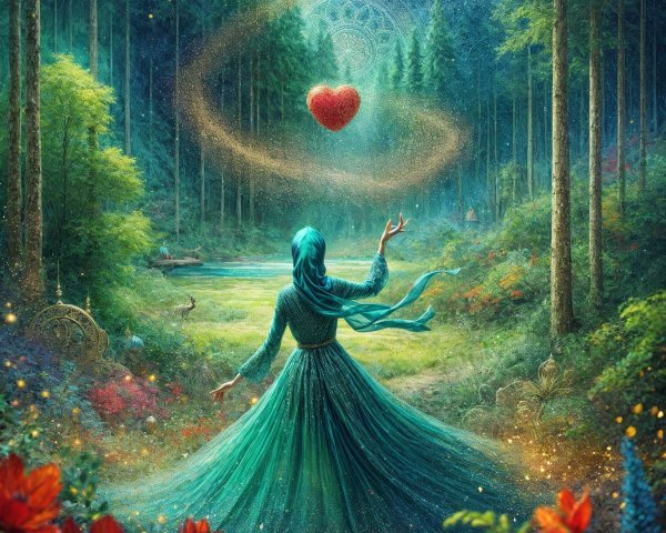 Enchanting Forest Scene with Figure in Green Gown