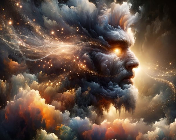 Celestial Figure in Swirling Clouds with Cosmic Background
