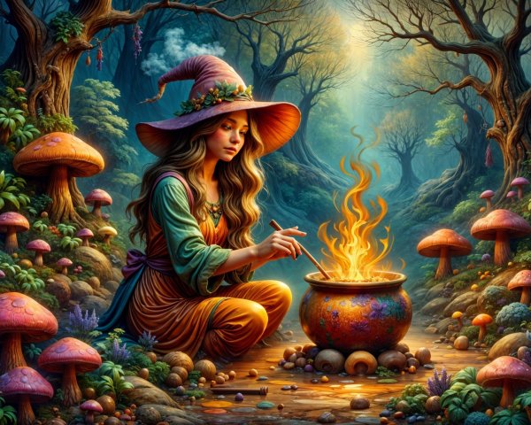 Mystical Forest Scene with Witch and Cauldron