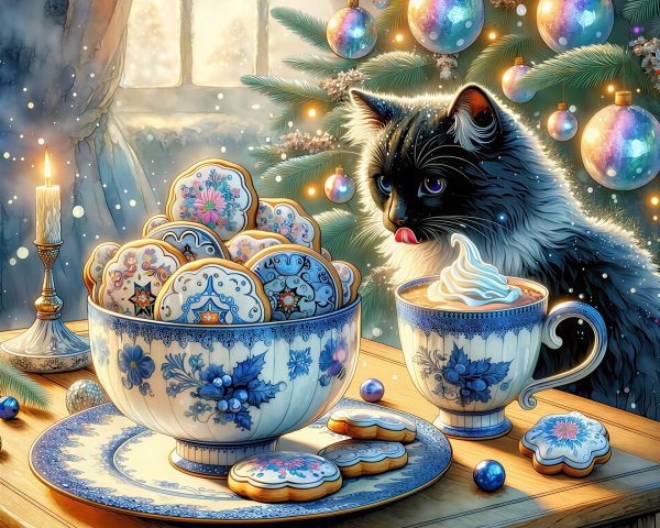 Winter Scene with Cat, Cocoa, and Festive Cookies