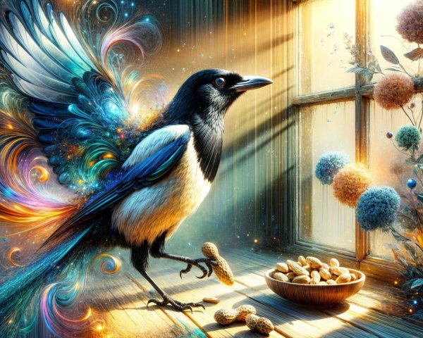 Colorful Magpie on Windowsill with Peanuts and Flowers