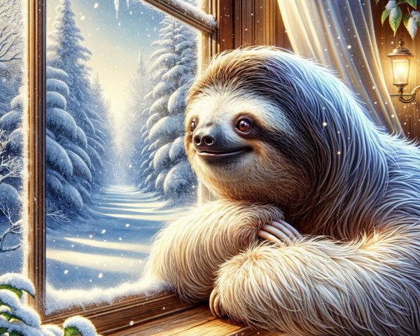 Sloth Observing a Winter Wonderland from a Window