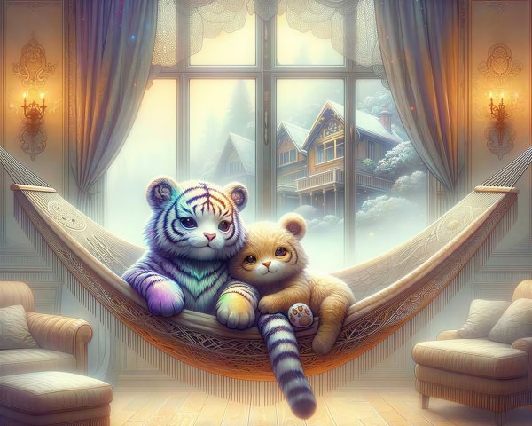 Cute Cartoon Baby Tigers in a Woven Hammock