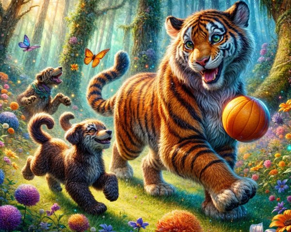Enchanted Forest with Colorful Flowers and Playful Wildlife