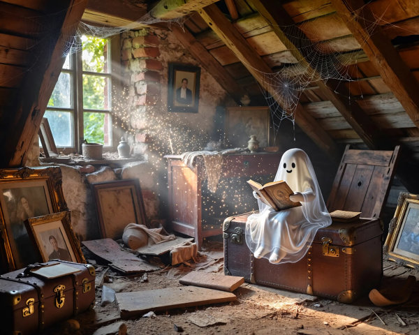 Cartoon Ghost Reading in Dusty Attic Setting