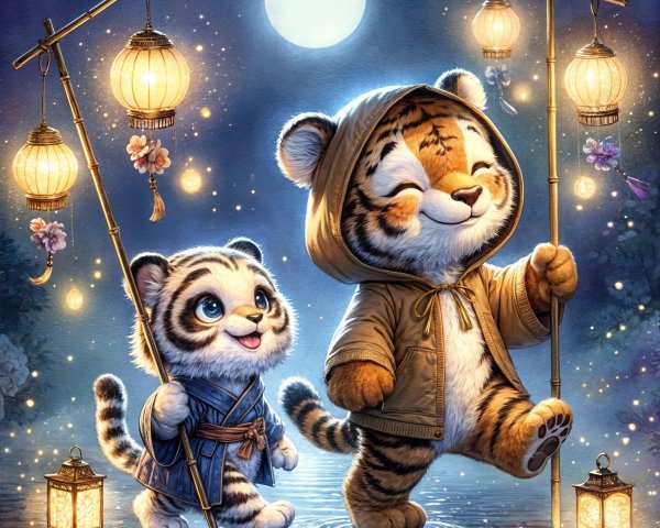 Cartoon tigers in kimono and hoodie walk under moonlight